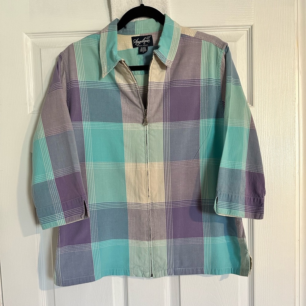 Vintage Angelique Embroidered Woven Zip Up Shirt Pastel Blue Purple, size M